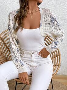 Women's Casual Floral Print Hollow-Out Cropped Knit Cardigan, Spring/Summer - Beige - View 4