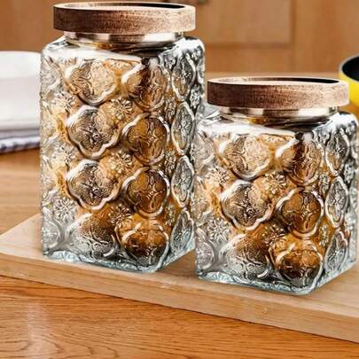 1pc 500/750ml Square Transparent Glass Storage Jar With Airtight Lid, Kitchen Sealed Container, Leak-Proof And Moisture-Proof, Suitable For Sugar, Powder, Coffee Beans, Spices, Dry Goods, Cookies, Tea, Nuts Storage, With Wooden Sealing Ring Lid, Essential Kitchen & Home Gift