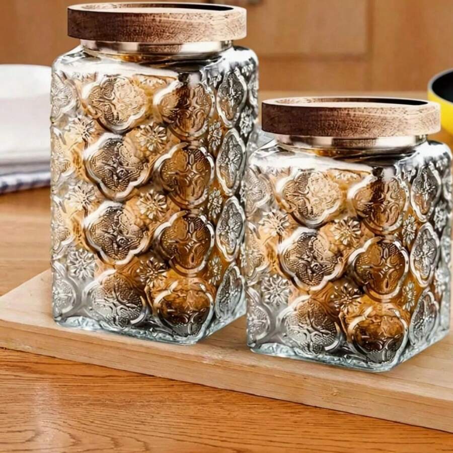 1pc 500/750ml Square Transparent Glass Storage Jar With Airtight Lid, Kitchen Sealed Container, Leak-Proof And Moisture-Proof, Suitable For Sugar, Powder, Coffee Beans, Spices, Dry Goods, Cookies, Tea, Nuts Storage, With Wooden Sealing Ring Lid, Essential Kitchen & Home Gift - Transparent - View 1