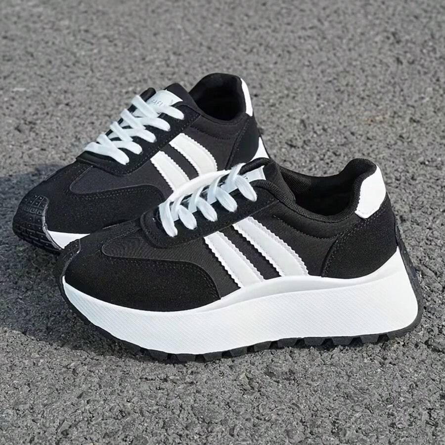 Women's Chunky Wedge Platform Sneakers, Retro Striped Thick Sole Trainers, Casual Non-Slip Fashion Shoes - 黑色 - 查看 1