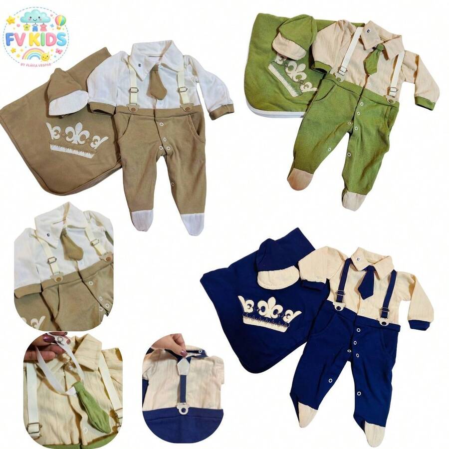 SAIDA MATERNIDADE BEBE RECEM NASCIDO MENINO COM SUSPENSÓRIO 100% ALGODÃO  KIT 4 PEÇAS/MATERNIDADE/MACACÃO - BEGE 2991 - Visão 1