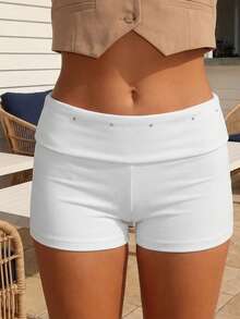 Mini Shorts For Women Low Rise Fashion Rivet Decor Decor Hot Pants Summer Fold Over Waistband Micro Shorts - 白色 - 查看 5