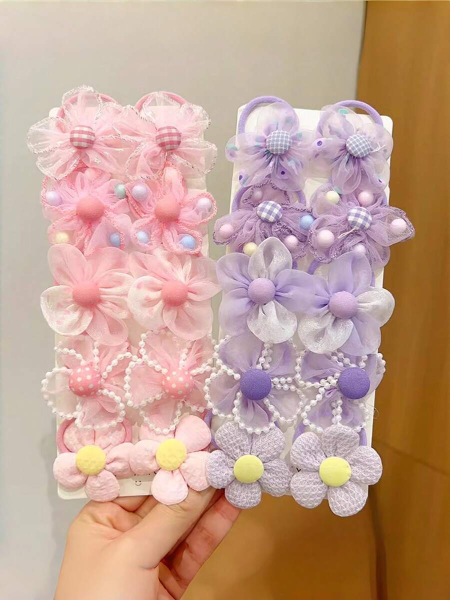 Set de 10 piezas de accesorios para el cabello con flores lindas, pasadores de flores dulces, scrunchies para niñas, adecuados para uso diario - Multicolor - Ver 1