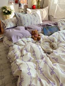 4件套紫色蝴蝶结图案床上用品（1个被套、2个枕套、1个床单），可爱优雅风格，柔软亲肤，适合单人/双人床，四季皆宜。 - 淡紫色 - 查看 6