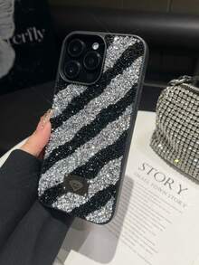 1 pieza Funda de teléfono a prueba de golpes 2 en 1 con textura de cebra negra y cristales de rinoceronte, adecuada para iPhone 15 Pro Max/17 Pro Max/17 Ari/S25 Ultra - Negro - Ver 3