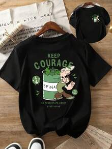 Women's Round Neck Fitted-Shirt, Front And Back Printed Short-Sleeve-Shirt, Cartoon Character Green Large Jar Print Casual-Shirt Top - Women's Clot - Black - View 6
