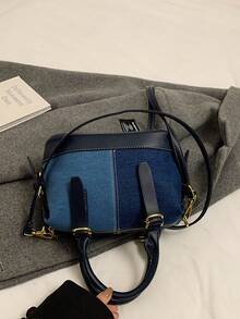 2026 New Contrasting Color Denim Handbag, Fashion Versatile Tote Bag, Unique Boston Shoulder Crossbody Bag For Women - Navy Blue - View 9