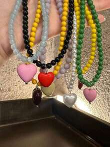 1pc Fashionable Minimalist Glass Bead Necklace With ABS Plastic Heart Pendant, Suitable For Gifts Or Daily Wear - Heart Pendant Necklace - View 2