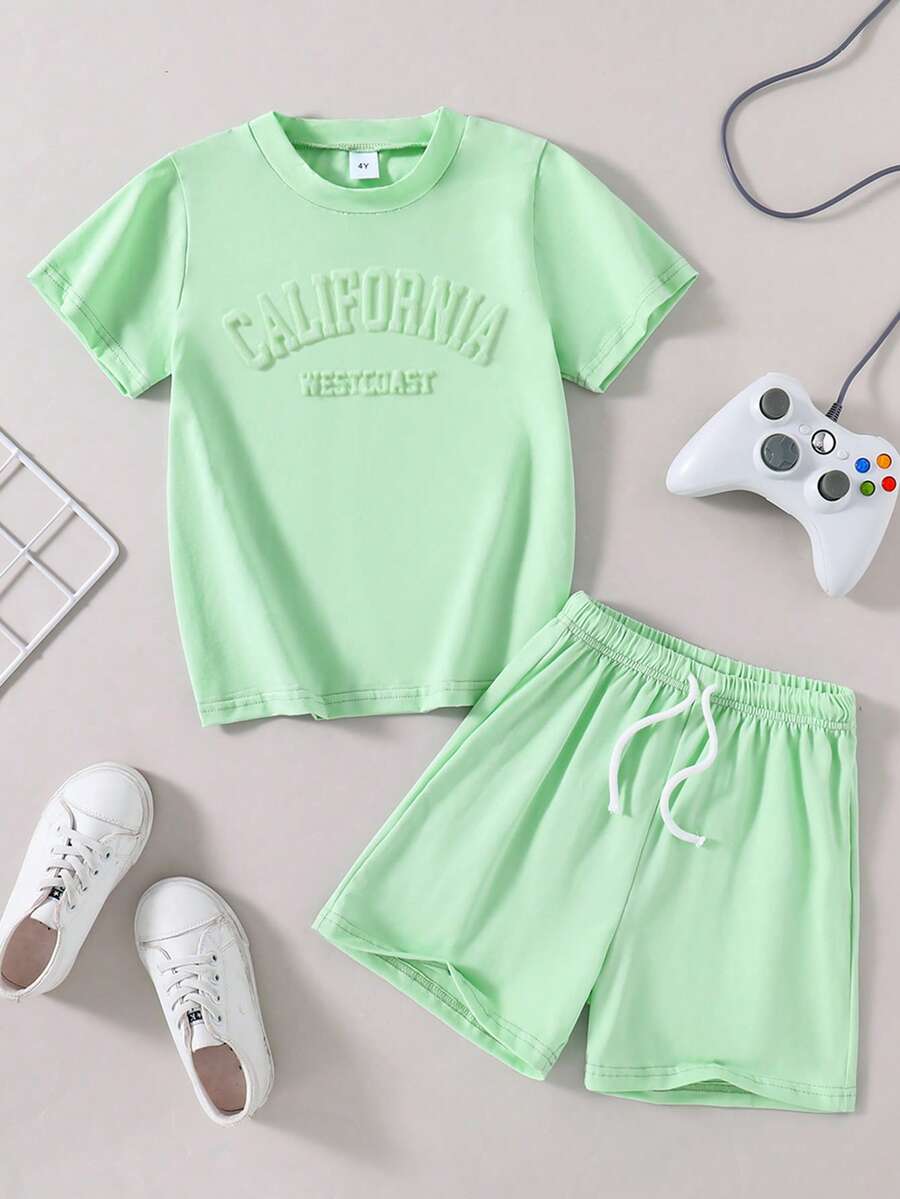 Young Boy Casual Round Neck Knitted Letter Embossed Short Sleeve T-Shirt And Shorts - Green - View 1
