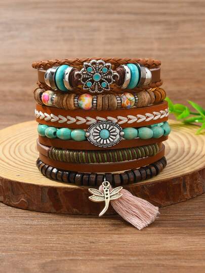 Bộ 6 vòng tay hợp kim hình hoa và tua rua phong cách Bohemian, thích hợp cho nữ giới đeo hàng ngày.