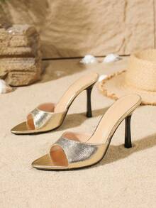 Women's Metal Gold Stiletto Mule Shoes, 2026 New Pointed Toe High Heel Sandals For Party & Evening Wear - Gold - View 5