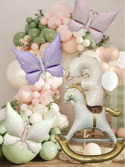 26pcs Birthday Party Decoration Set, Includes Pink/Purple/Ivory Butterfly Balloons, Number Balloons 0-9, Heart & Horse Balloons, Suitable For Birthday Decor, Party Supplies, Anniversary Celebration, Birthday Balloons, Room Decoration, Atmosphere Creation And Party Decoration