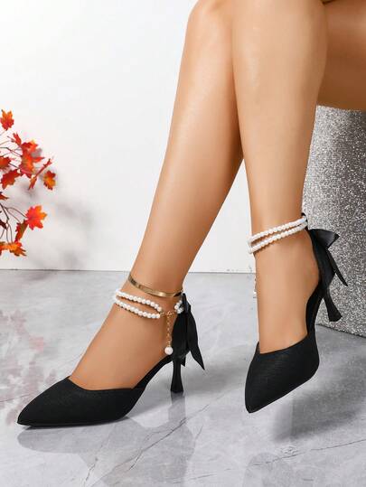 Women's Pearl Bow Pointed Toe Elegant High Heel Wedding Shoes