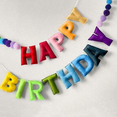 Pre-Strung Happy Birthday Banner, Happy Birthday Banner Set - Felt Ball Garland - Happy Birthday Garland, Rainbow Birthday Decorations, Happy Birthday Sign For Birthday Decor, Party Decor, Photo Prop, 1(Birthday) + 28(Pom Balls)