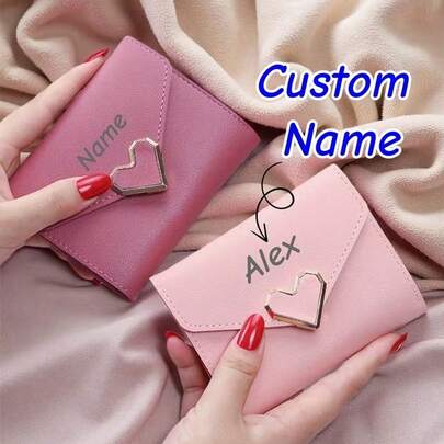Custom Engraved Heart Buckle Short Wallet, PersonalizedCoin Purse With Name/Text, Cute Envelope Card Holder For Coins & Cash, Ideal Gift For Girls, Women & Valentine's Day