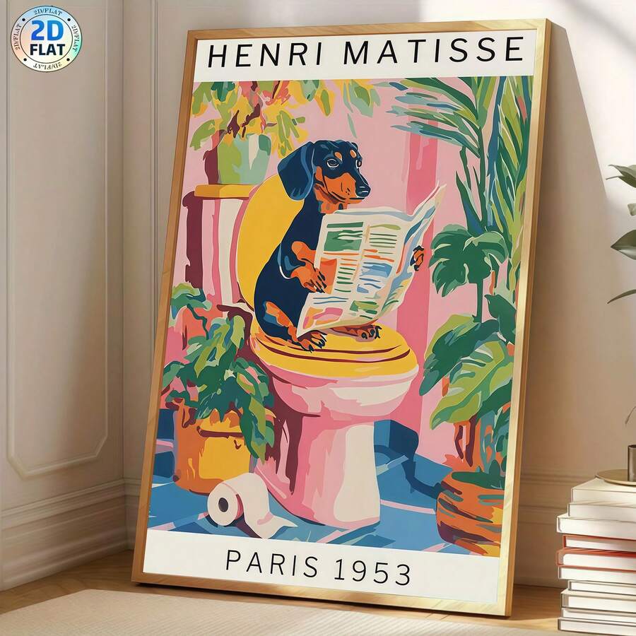 1 Peça Moldura Opcional Arte de Parede Engraçada de Dachshund para Banheiro, Inspirada por Matisse, Impressão em Tela de Cachorro Excêntrico, Decoração de Arte de Parede Moderna, Pintura, Adequada para Café, Casa, Quarto, Sala de Estar, Cozinha, Banheiro, Escritório, Decoração Doméstica - Multicolorido - Visão 1