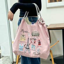 1件新款時尚PU刺繡圖案大容量可折疊購物袋，適合通勤女性單肩斜挎托特包 - 彩色 - 查看 10