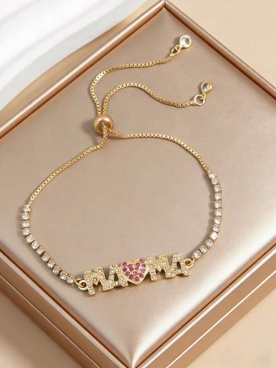 1pc Letter "MAMA" Pendant Bracelet, Inlaid Heart Pendant Bracelet, Mother's Day Gift, Holiday Gift - Style 1 - View 1