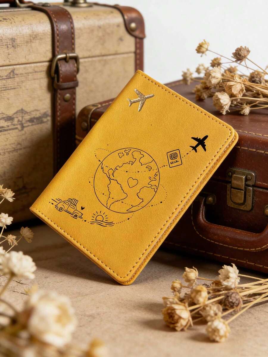 1个飞机标志护照夹，合成皮革旅行证件套，简约地球仪设计，优雅旅行配件，生日伴娘礼物，朋友专属护照套，黄色、蓝色、红色、黑色、白色、粉色、黑色，共6种颜色可选，旅行必备，送给朋友、家人、同事的完美礼物 - 彩色 - 查看 1