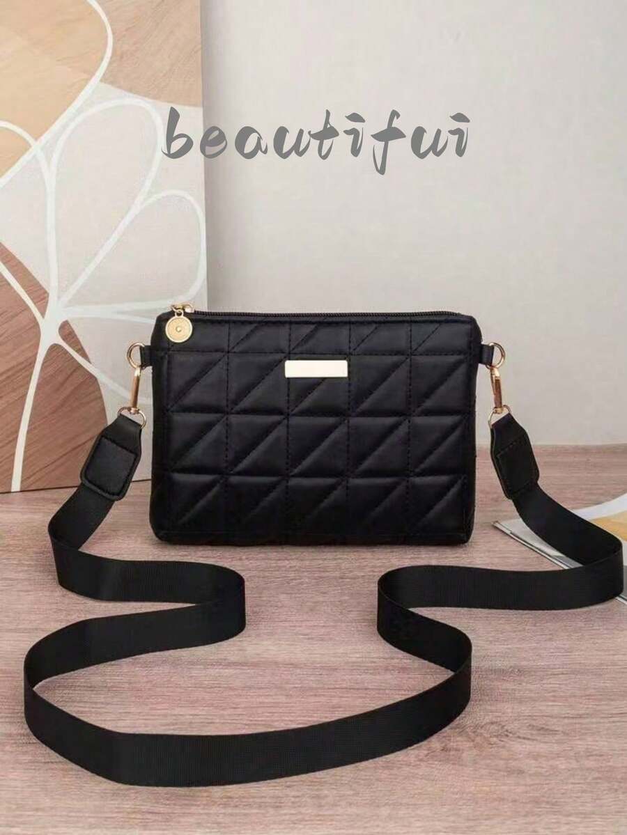 女士黑色绗缝斜挎包，时尚菱形图案宽肩带单肩包，迷你手拿包，适合日常休闲和派对场合 - 黑色 - 查看 1