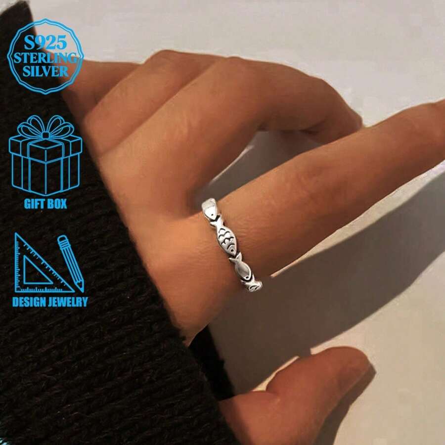 1 pieza Anillo abierto con forma de pez de plata de ley 925 de estilo minimalista y creativo, adecuado para uso diario de mujeres, fiestas, ir al trabajo, también puede ser un regalo ideal para días festivos - Plateado - Ver 1