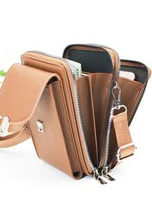New Crossbody Bag, Multi-Functional Large Capacity Double Zipper Phone Wallet, Fashionable Minimalist Yet Delicate, Suitable For Casual, Vacation, And Dates - Brown - View 7