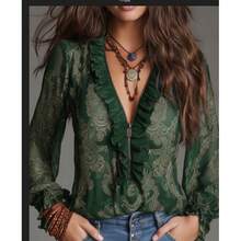European, American, Romantic Deep V-Neck Paisley Frilly Chiffon Shirt Top,Conjunto De Dos Piezas Mujer Elegante - 綠色 - 查看 6