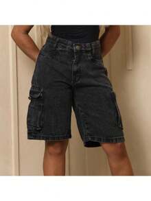 Women's Black Cargo Denim Shorts, High Waist, Side Pockets, Premium Style - 黑色 - 查看 1
