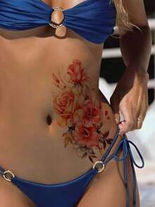 1pc Rose Flower Temporary Tattoo, Multipurpose Unisex One-Time Use Tattoo Sticker, & Easy To Apply/Remove, Body Art Decoration Sticker For Daily, Travel, Beach, DIY Gift - Multicolor - View 3