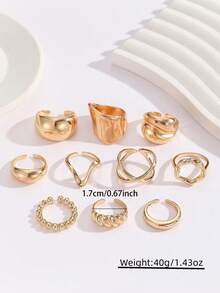 10pcs Gold Asymmetrical Geometric Textured Rings, Suitable For Women's Daily And Party Wear - Yellow Gold - View 6