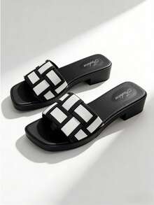 女士格子休闲高跟拖鞋 - 黑色 - 查看 1