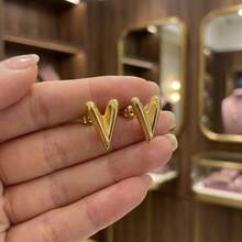 Gold Tone V-Shaped Stud Earrings, Minimalist Geometric Statement Earrings For Women Daily Wear - Multicolor - View 6