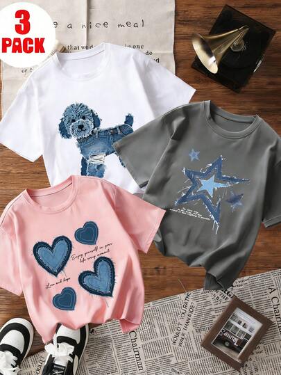 3pcs/Set Tween Girls' Printed Short Sleeve T-Shirts, Suitable For Tween GirlsSummer Tops, Young Student Clothing