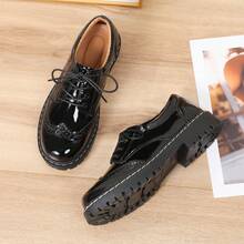 Women Oxford Shoes, Lace Up,Slip Resistant,Brogue Style,Platform Casual Comfort Work Office Dressy Business Shoes For Girls Ladies Women - 鏡面黑 - 查看 4