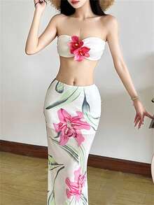 Kliou Women's Floral Print Maxi Mermaid Skirt, Elegant Fitted Summer Beach Vacation High Stretch Club Basic Wild Bottom - White - View 4