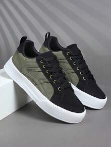 Men's Fashionable Solid Color Skate Shoes, Comfortable Non-Slip Casual Lace-Up Thick Sole Sneakers, Suitable For Outdoor Activities - Army Green - View 3
