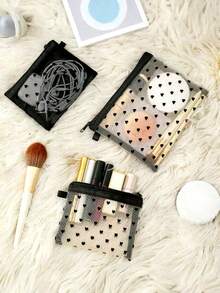 1/3 Pcs Mini Heart Mesh Cosmetic Bag, Portable Flocking Multi-Functional Transparent Lipstick Bag, Travel, Makeup Bag - Multicolor - View 6