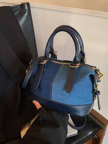 2026 New Contrasting Color Denim Handbag, Fashion Versatile Tote Bag, Unique Boston Shoulder Crossbody Bag For Women - Navy Blue - View 8