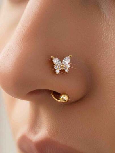 金色锆石蝴蝶花星形蝴蝶结鼻环 20G 开口鼻环，带旋转球尾鼻翼穿孔饰品