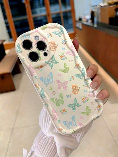 Butterfly Painted Flat Printed Cream Wavy Edge Minimalist Shockproof Thick Phone Protective Case, Suitable Compatible With Iphone 17/17 Pro/17 Pro Max, 16 XR/7/8, 15 Pro Max, 12 Pro Max, 13 Pro Max, 14 Pro Max, 13, 14, 11, 12P, 14P, 11P, Soft Shell For P12, Shock-Resistant XS, XR, 7/8P, 7/8 GES2, Suitable For A13 4G, A22, A21S, A51 4G, A52, S22 Ultra, A33 5G, A34, A35, Suitable For 10, Note 11 4G, 11 Lite, A53 TPU, A14, A23, S23 Ultra, S24, A14, A15, S23, A73, A55, A54, Phone Case