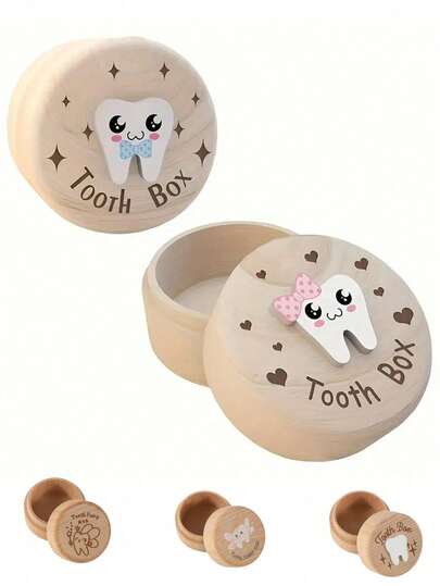 1pc Tooth Fairy Box, Cute Carved Wooden Box, Tooth Box Keepsake Holder Dropped Tooths Keepsake Storage Box With Carved Tooths Gift For Lost Teeth Kids Boy Girl Shower Birthday