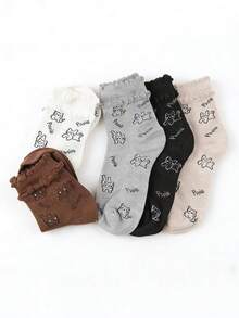 5双四季蕾丝全印花卡通小狗韩版少女百搭拼接中筒袜 - 彩色 - 查看 5