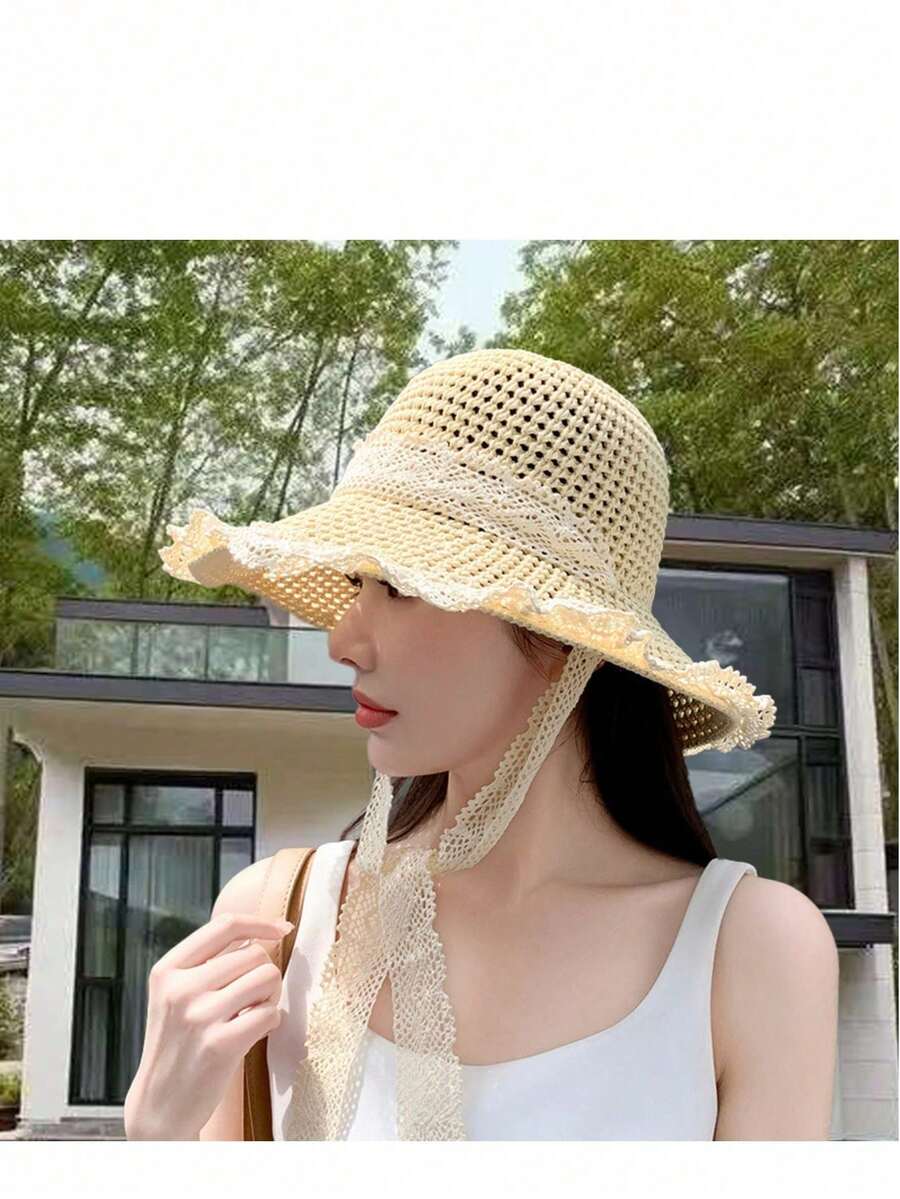 1pc Summer Lace Ribbon Straw Hat For Women, Woven Wide Brim Sun Protection Hat, Beach Vacation Bucket Hat - F - View 1