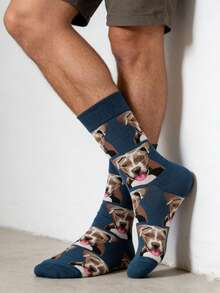 1 双男士藏蓝色底比特犬图案中筒袜，四季皆宜 - 彩色 - 查看 4
