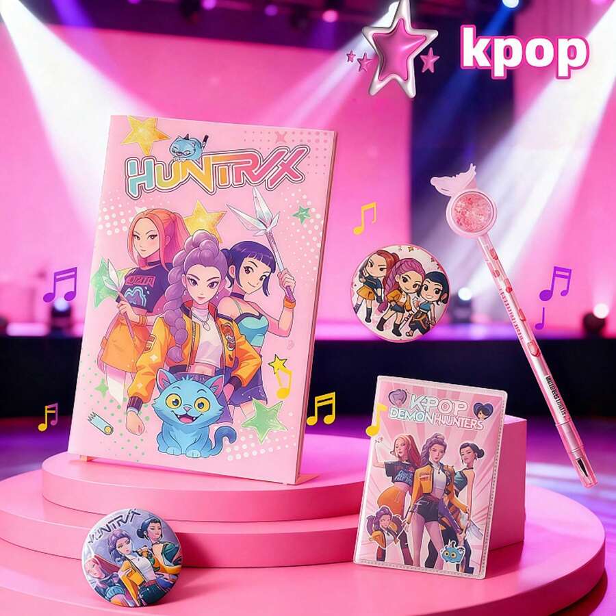 1set Kpop High-Quality Original New Student Practical Study Supplies Set By Demon Hunting Witch Group - KPOP Notebook, KPOP Pin, KPOP Gel Pen, KPOP Small Notebook, Stationery Gift Set - Multicolor - View 1