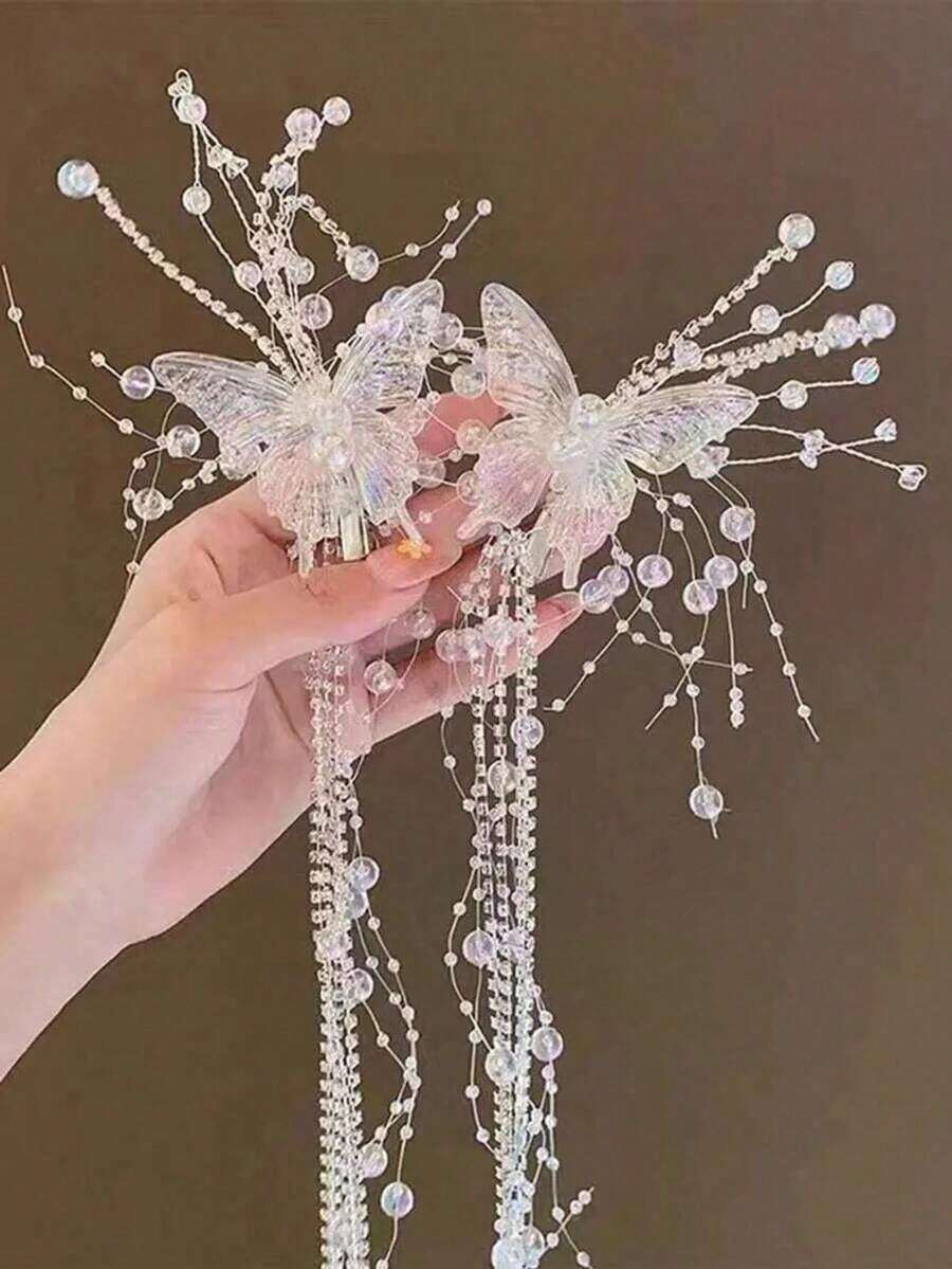 Crystal Butterfly Tassel Hair Clips, Perfect For Bridal Updo, Festival Photos Or Gifts Elegant Headwear. Valentine's Day Accessories,Wedding Hair Accessories - 白色 - 查看 1