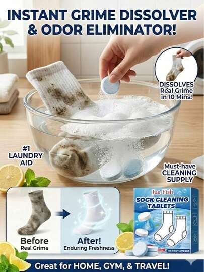 JUE FISH Jue-Fish 1/12/20pcs Sock Cleaning Effervescent Tablets, Gently Remove Stubborn Stains, Clean And Deodorize White Socks