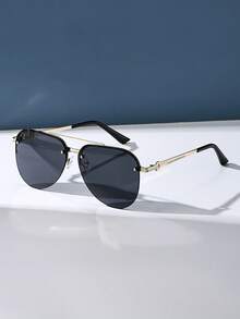 Retro Aviator Frameless Fashion Glasses, Metal Large Frame Flattering For Big Face, Classic Outdoor Travel Beach Casual Decoration Daily Wear, Summer UV Protection Fashion Glasses For Men & Women - Black - View 3