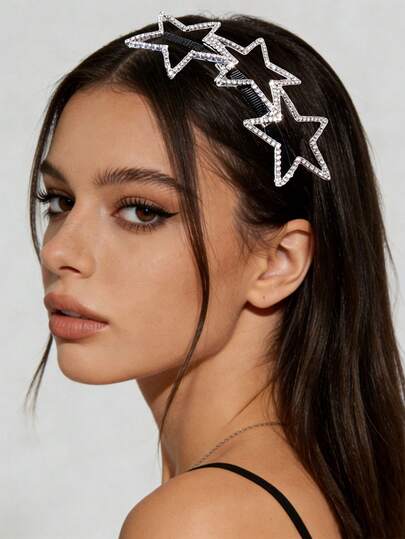 2条镂空水钻星星发箍，女士简约星星闪亮水钻装饰压纹防滑细发箍，Y2K风格，时尚简约，精致酷炫，适合女孩，春夏日常佩戴，派对、海滩度假、婚礼等场合，可搭配各种服饰，发箍，发圈发带