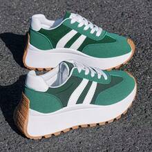 Women's Chunky Wedge Platform Sneakers, Retro Striped Thick Sole Trainers, Casual Non-Slip Fashion Shoes - 綠色 - 查看 1